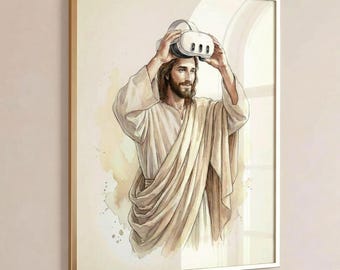 Funny Jesus VR Art, Gamer Room Decor, Jesus Saves Print, Virtual Reality Headset, Modern Christian Gift for Teen, Man Cave Wall Art