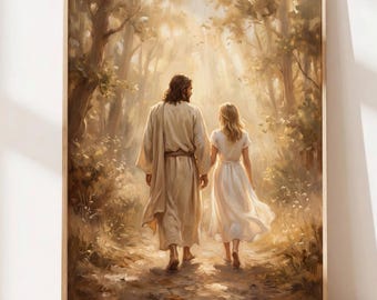 Christ and Young Woman in Sunlit Forest, Walking with Jesus Art Print, Modern Christian Wall Decor, Spiritual Faith Gift Digital PRINTABLE