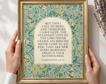 William Morris Tapestry Lamentations 3 21-23 Art, His Mercies Are New Scripture, Vintage Floral Christian Print, Bible Verse Art Decor, Gift