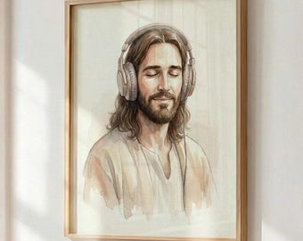 Modern Jesus Headphones Art, Funny Christian Music Print, Cool Wall Decor, Worship Leader Gift, Teen Room Poster, Good Vibes Only
