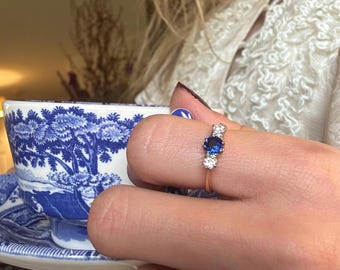 18ct Gold Sapphire & Diamond Ring – Vintage Inspired Three Stone Engagement Ring