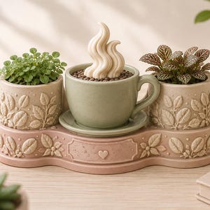 Puede incluir: Un conjunto de cerámica con dos macetas beige con patrones de hojas en relieve flanqueando una taza de té verde salvia central. La taza contiene una escultura blanca en espiral que simula vapor sobre una base beige a juego con un corazón.