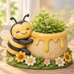 May include: A decorative planter shaped like a honey pot with a smiling bee figure attached to the side. The pot features a yellow dripping honey design and a honeycomb pattern, surrounded by sculpted green leaves and small yellow and white flowers.
