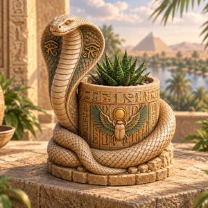 Può includere: Un vaso in pietra color beige con una scultura di cobra avvolto che presenta simboli dell'Occhio di Horus sul cappuccio. Il vaso cilindrico è decorato con geroglifici egizi e un emblema centrale raffigurante uno scarabeo alato.