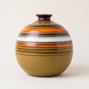Italian Ceramic Orb Vase - Bitossi Style - Striped Orange, olive, brown, Mid-Century 1960s