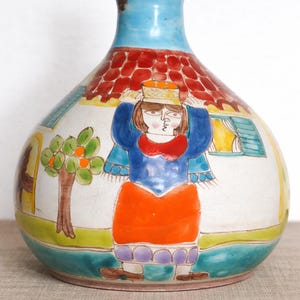 Puede incluir: Jarrón de cerámica pintado a mano, de forma bulbosa y cuello azul claro. Presenta una colorida ilustración de una persona que lleva una cesta, una casa con tejado rojo y un árbol. La base es verde y el diseño general es caprichoso.