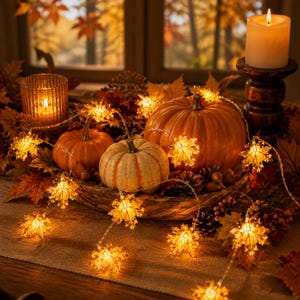Maple Leaf String Lights, Warm White Battery Fairy Lights, Autumn Fall Decor, Indoor Outdoor Halloween Garland, Crystal Leaf Lamp