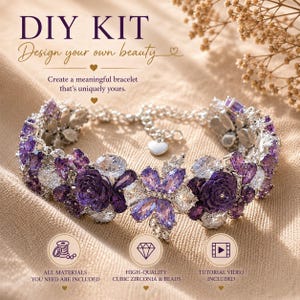 Kit de pulsera de circonita DIY: Materiales para hacer joyas con mariposas y flores moradas. Incluye tutorial paso a paso (Kit-M198).