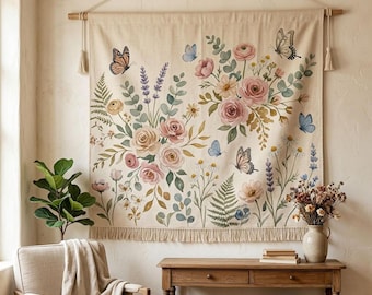 Floral Butterfly Wall Tapestry | Watercolor Garden Boho Decor