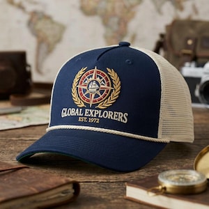 Może przedstawiać: Granatowo-beżowa czapka typu trucker z napisem "GLOBAL EXPLORERS EST. 1972". Czapka posiada wzór róży wiatrów z statkiem wewnątrz złotego wieńca laurowego. Biała linka zdobi rondo.