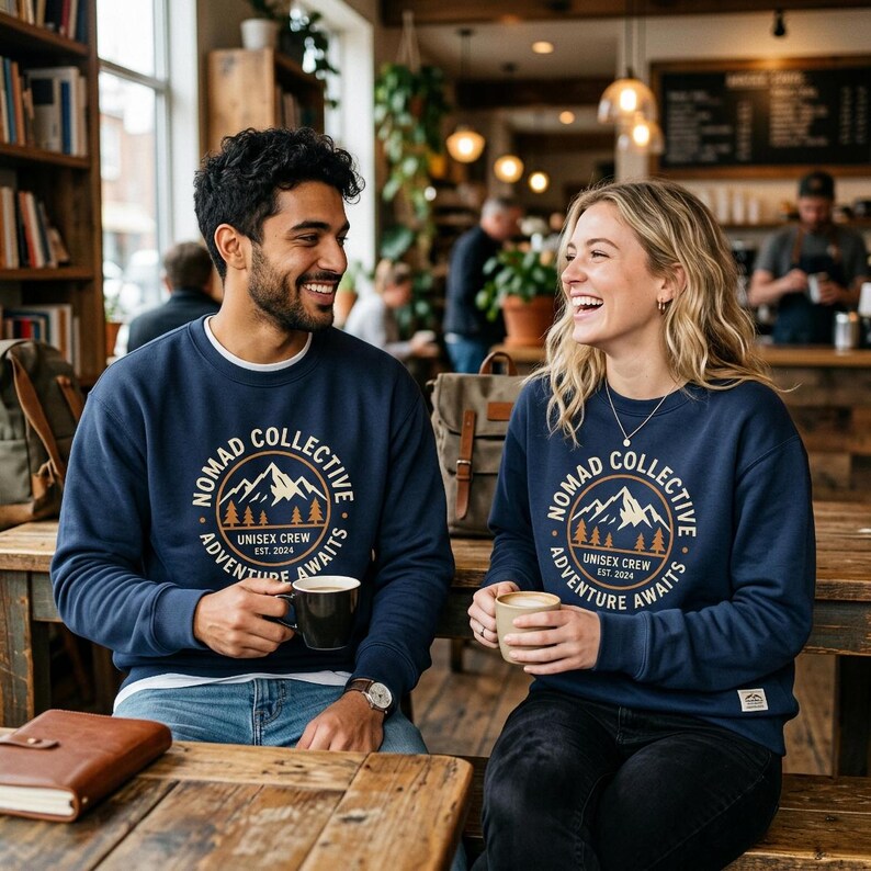 May include: Two people are seated at a wooden table, each wearing a navy blue sweatshirt. The sweatshirts feature a circular graphic with a mountain, trees, and the text "NOMAD COLLECTIVE, UNISEX CREW EST. 2024, ADVENTURE AWAITS". They are holding mugs.