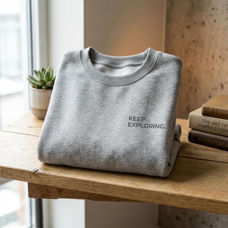 May include: A folded light gray sweatshirt with the text "KEEP EXPLORING." printed in black. The sweatshirt is neatly placed on a wooden surface, with a small potted succulent and a stack of books visible in the background.