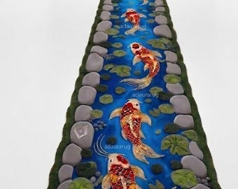 Premium Hand-Tufted Koi Fish Stream Runner Rug - Luxury Woolen Texture,3D River Design for Living Room,Balcony & Bedside (Unique Wavy Shape)