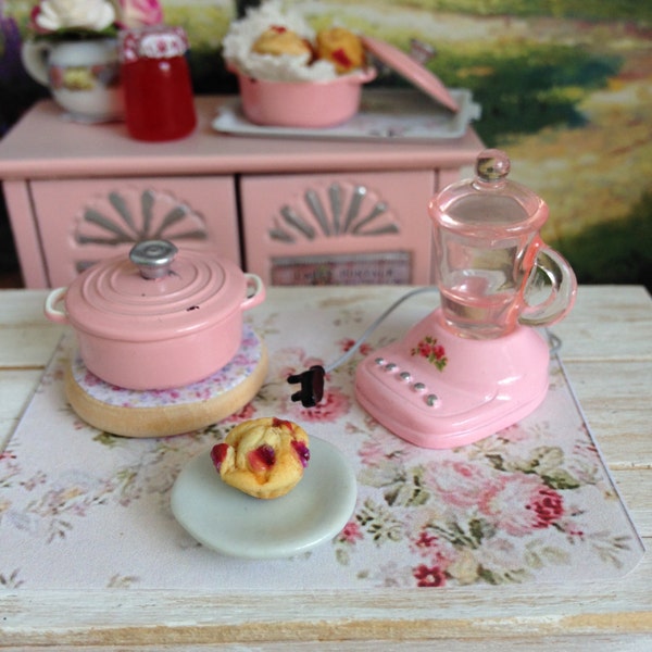 Dollhouse Miniature Shabby Chic Miniature Pink Metal Casserole Pink Plastic Blender Round Wooden Trivet and Cherry Muffin Set