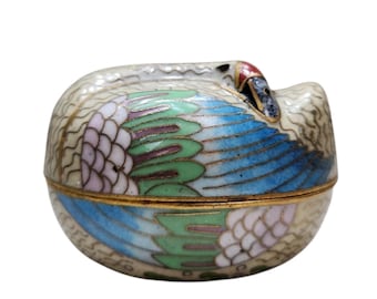 Vintage Chinese Cloisonne Enamel Brass Bird Trinket Box Figural 2-piece Keepsake