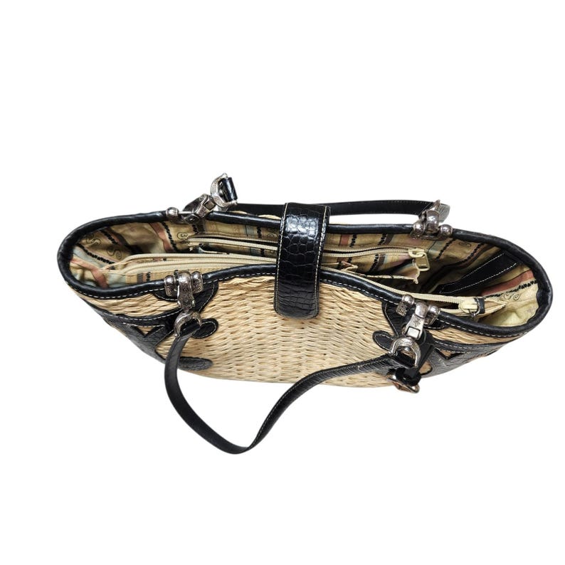 Brighton Straw Woven Shoulder Tote Black Leather Trim Heart Charm Summer Bag Vtg image 10