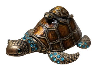 Vintage Bejeweled & Hinged Enamel Sea Turtle Trinket Box With Baby Loggerhead