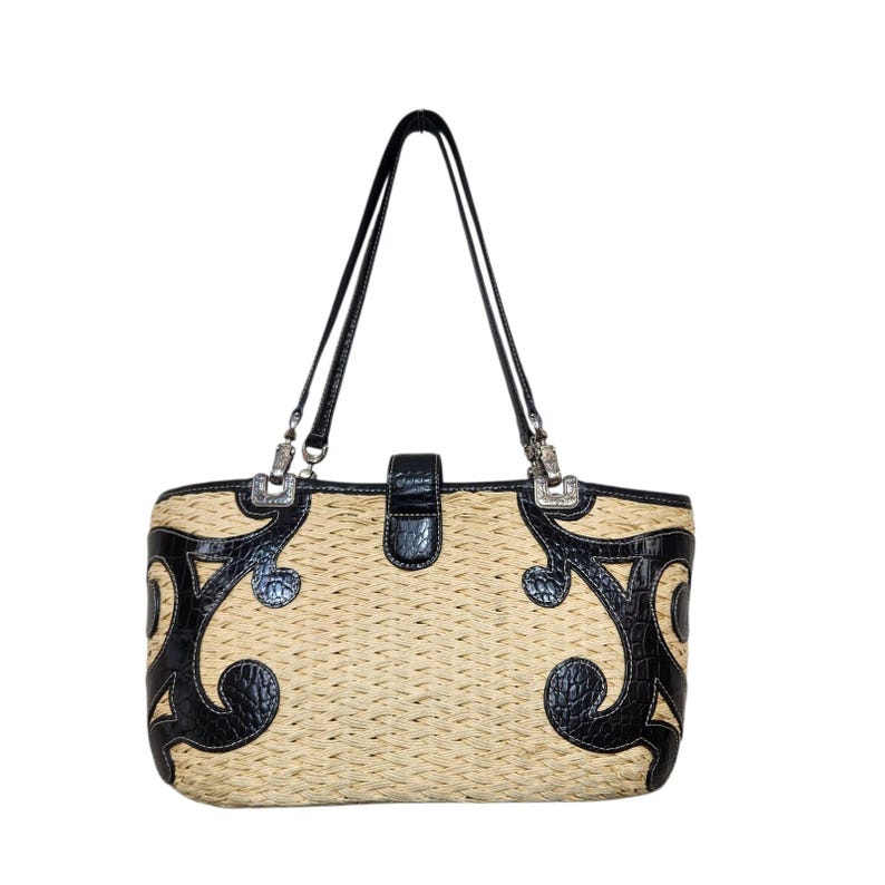 Brighton Straw Woven Shoulder Tote Black Leather Trim Heart Charm Summer Bag Vtg image 3