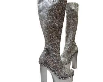 Vintage Vita Mori 90's Size 6.5 - 7 37 Platform Silver Glitter Knee-High Boots