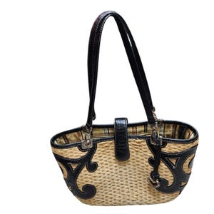 Brighton Straw Woven Shoulder Tote Black Leather Trim Heart Charm Summer Bag Vtg image 5