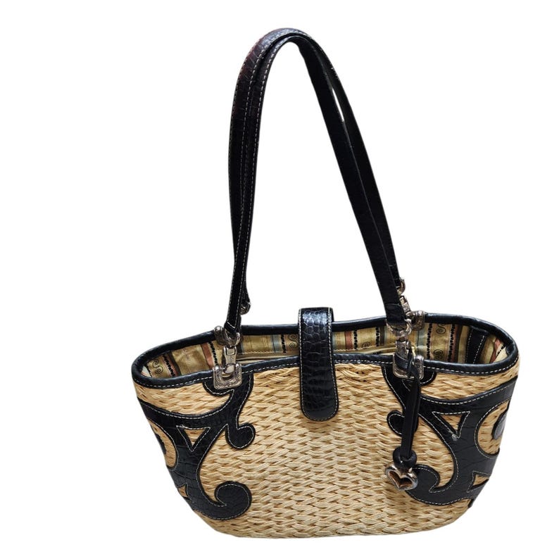 Brighton Straw Woven Shoulder Tote Black Leather Trim Heart Charm Summer Bag Vtg image 5
