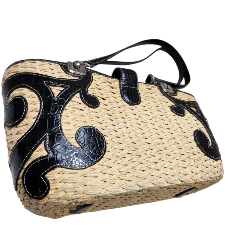 Brighton Straw Woven Shoulder Tote Black Leather Trim Heart Charm Summer Bag Vtg image 7
