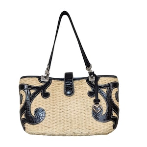 Brighton Straw Woven Shoulder Tote Black Leather Trim Heart Charm Summer Bag Vtg image 1