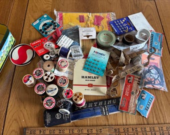 Vintage Crabtree Tin with Sewing Notions: Thimbles, Needles, Threads, Tapes