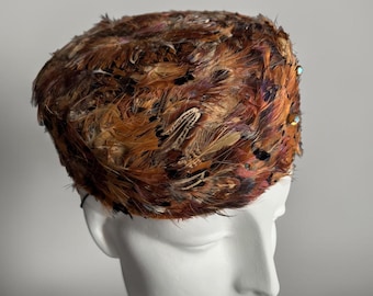 Pre-loved Vintage Pheasant Feather Pillbox Hat by Louise Smith Milliney