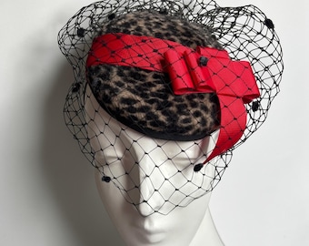 Pre-loved Leopard Print and Red Bow Percher Pillbox Hat Vintage Cocktail Hat
