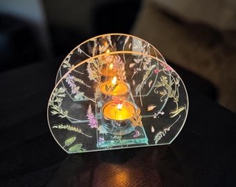 Pre-loved Clear Glass Floral Tealight Holder Peace Calm Wellness home Decor Remembering