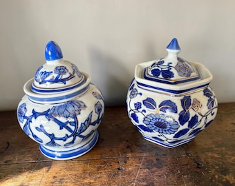 Pre-loved Oriental Chinese Blue and White Ceramic Trinket Dish Pair of Jars
