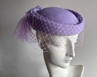 Vintage 1980s Lilac Pillbox Hat with Veil, Headways Albert Ascot Wedding Races