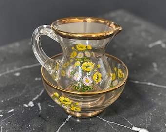Pre-loved Vintage Mid Century Mini Glass Jug and Bowl Clear Art Glass with Yellow Floral and Gold
