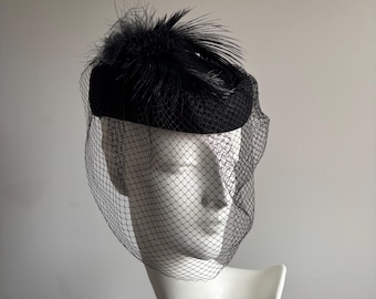 Vintage 1980s Black Wool Felt Pillbox Hat with Veil, Feather Trim