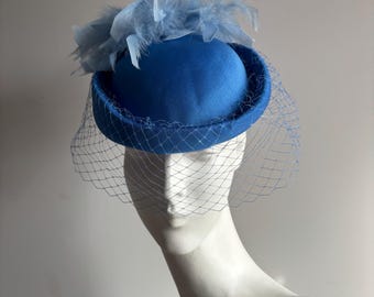 Vintage 1980s Blue Pillbox Hat with Veil, Feather Puff by Marida Ascot Wedding Races
