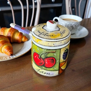 Pre-loved fruitige jampot en lepel Kitchen Breackfast Table Jam Server
