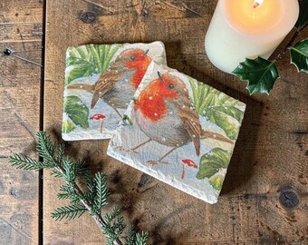 Hand-Painted Robin Slate Coasters – Festive Christmas Tableware Made in Scotland