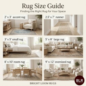 Może przedstawiać: Przewodnik po rozmiarach dywan&oacute;w zatytułowany Rug Size Guide Finding the Right Rug for Your Space od Bright Loom Rugs. Przedstawia sześć aranżacji wnętrz z dywanami oznaczonymi jako 2' x 3', 2.5' x 7', 3' x 5', 5' x 8', 8' x 10' i 9' x 12' w stopach.