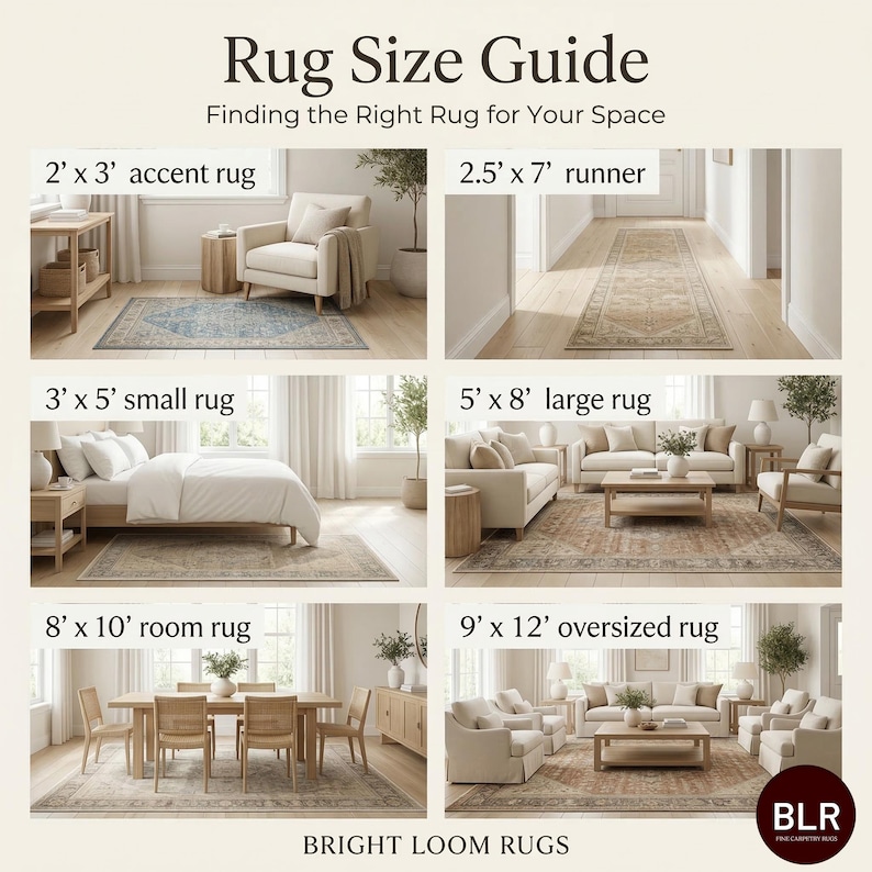 Może przedstawiać: Przewodnik po rozmiarach dywan&oacute;w zatytułowany Rug Size Guide Finding the Right Rug for Your Space od Bright Loom Rugs. Przedstawia sześć aranżacji wnętrz z dywanami oznaczonymi jako 2' x 3', 2.5' x 7', 3' x 5', 5' x 8', 8' x 10' i 9' x 12' w stopach.