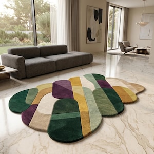 Moderner Abstrakter Bereich, Teppich Unregelmäßiger Form, Geometrischer Patchwork Teppich, Grün Lila Zeitgenössischer Teppich, Luxuriöses Wohnzimmer Dekor