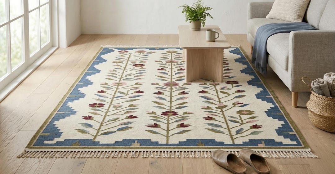 Handwoven Botanical Wool Rug, Scandinavian Folk Art Area Carpet, Floral ...