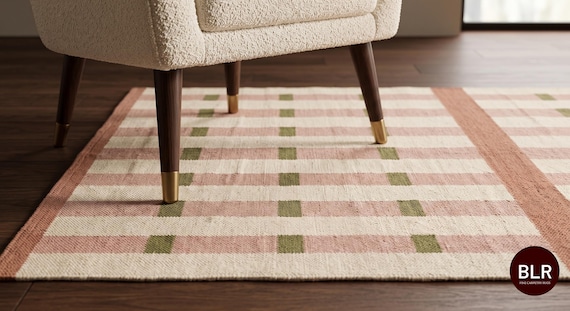 Pink Olive Beige Scandinavian Wool Flat Weave Rug, Modern Geometric Farmhouse Area Rug, Handwoven Indoor Living Room & Bedroom Decor