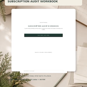 以下が含まれることがあります： Tales by Melissaによるデジタルジャーナル「Subscription Audit Workbook」。白いページには黒いテキスト、PLAN、TRACK、SAVE、BUILDという言葉が書かれたダークグリーンの水平バー、およびUNDATED、REUSABLE、DIGITAL FRIENDLYというテキストが記載されています。