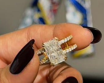 4 CT Radiant Cut lab Grown Engagement Ring: Radiant Split Double Band Ring, Pave Shank, 14K Yellow Gold