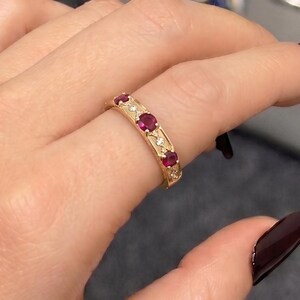 14k Solid Gold Ruby Wedding Band Pave Stackable Ring Handmade