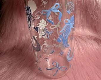 Glass Tumbler with Lid & Straw, Blue Western Design, Bow, Horseshoe, Boot