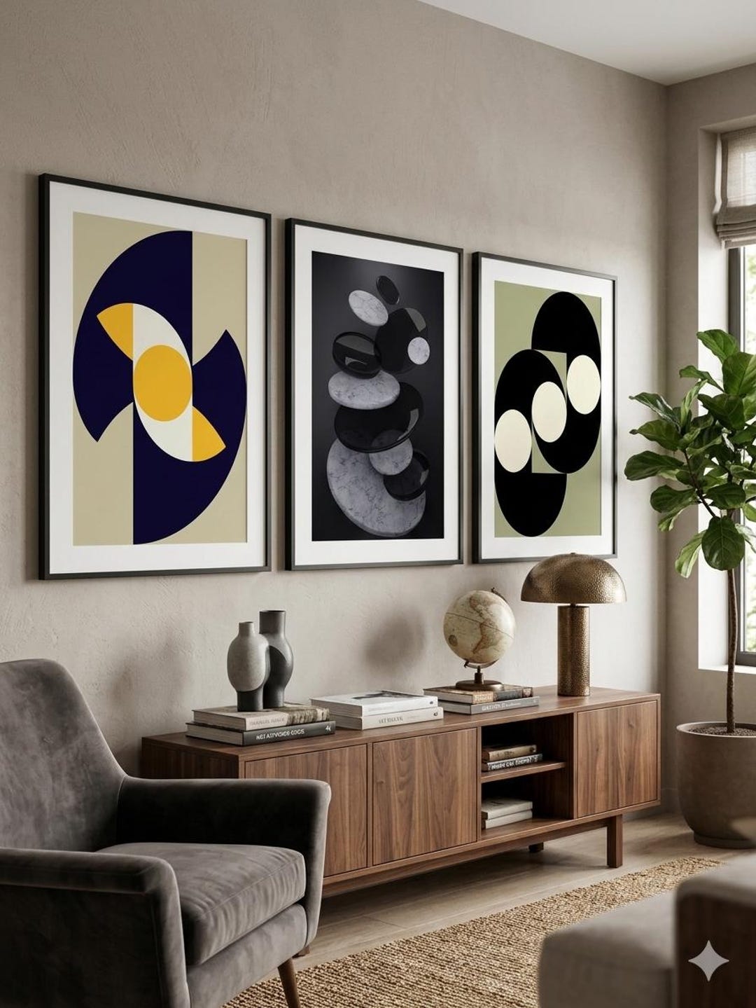 Mid Century Modern Geometric Print, Bauhaus Style Wall Art, Navy Blue ...