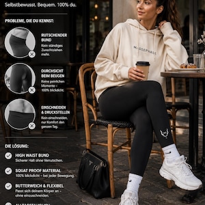 Könnte beinhalten: Ein beiger Kapuzenpullover mit dem Schriftzug MASSEPHASE auf der Brust, kombiniert mit einer schwarzen Leggings, die ein kleines weißes Logo am Unterschenkel aufweist. Das Bild enthält deutschen Text zu den Produktmerkmalen.