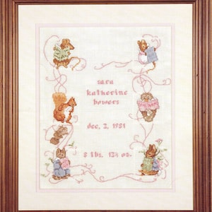 Può includere: Un ricamo a punto croce incorniciato con sei piccole illustrazioni di animali, tra cui topi e uno scoiattolo, che circondano il testo "sara katherine bowers", "dec. 3, 1981" e "8 lbs. 13 3/4 oz." in filo rosa, in una cornice di legno marrone scuro.